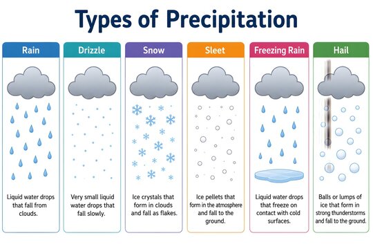 Precipitation Types,Weather Science Diagram of Rain, Snow, Sleet, Hail, and Freezing Rain