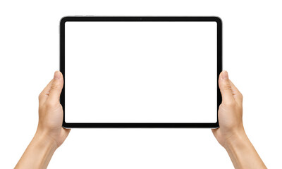 Two hands holding digital tablet mockup. Front view of blank screen in landscape isolated on transparent background design. © Abdur