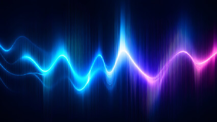 Fototapeta premium Abstract sound wave visualization with glowing blue and purple vertical lines and light trails on a dark background, audio concept