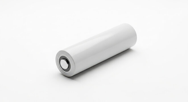 White 3D rendered cylindrical lithium ion battery cell for various electronic devices and energy storage applications isolated on a clean background.