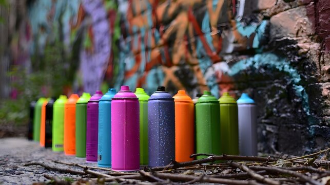 A row of colorful spray paint cans lined up on pavement before a graffiti covered brick wall
