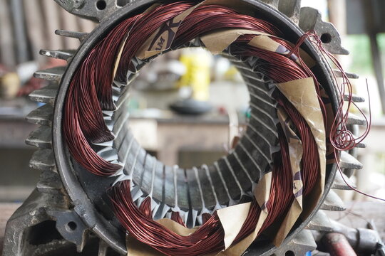 Electric Motor Stator with Copper Windings in Workshop