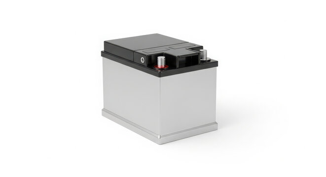 A sleek, modern 3D rendered vehicle battery with prominent positive and negative terminals, signifying essential electrical power and dependable energy storage for diverse applications.