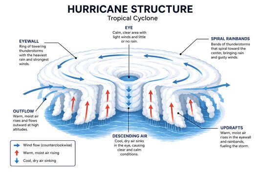 Structure of a Hurricane &ndash; Flat Vector Showing Eye, Eyewall, Spiral Rainbands, and Wind Flow