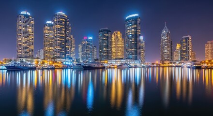 Obraz premium Illuminated city skyline reflecting in waterfront at night.