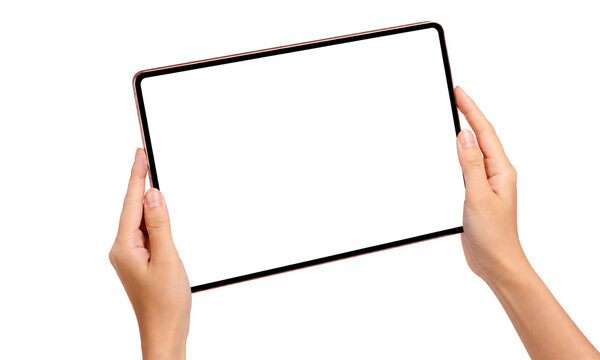 Digital tablet screen mockup template. Human hands holding black pad computer isolated on transparent background presentation.