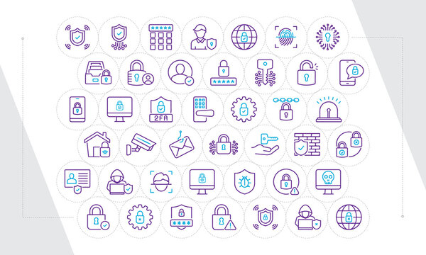 Cyber Security Line Icons Set Purple Blue Gradient &ndash; Data Protection, Privacy, Authentication and Network Security Vector Collection