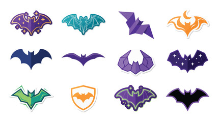 Naklejka premium Colorful Halloween Bat Vector Collection – Flying Bat Icons, Stickers, Logos and Geometric Bat Set, Halloween Bat Sticker and Logo Collection with Colorful Flying Bat Vector Pack, 