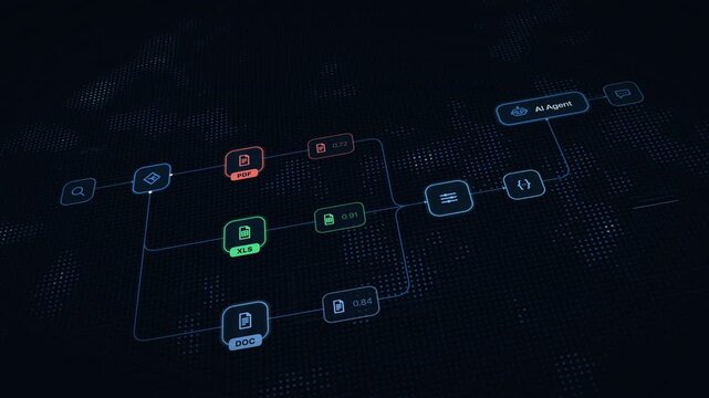 Dynamic blue digital matrix showcasing a multi-source RAG pipeline with flowing data streams and glowing elements