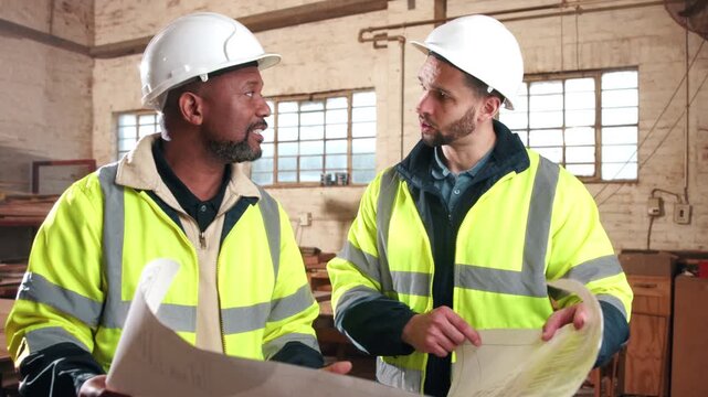 Conversation, men and construction workers on site with blueprint for building, maintenance or repairs. Floor plan, talking and civil engineers in collaboration for renovation or property development