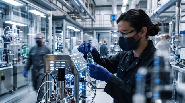 Woman lab technician testing oil quality in a modern refinery. Professional chemist inspecting petroleum sample in a clean laboratory. Industrial fuel research and chemical engineering control.