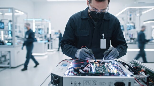 Technician testing electronic component of industrial controller unit in manufacturing facility. Man repairing modern equipment for automated oil refinery system. Advanced technology maintenance.