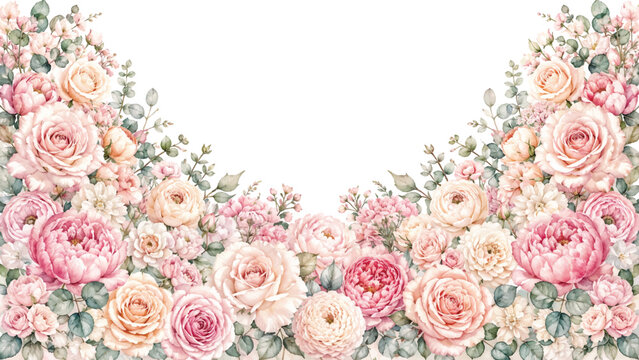 watercolor floral border with pink roses and peonies