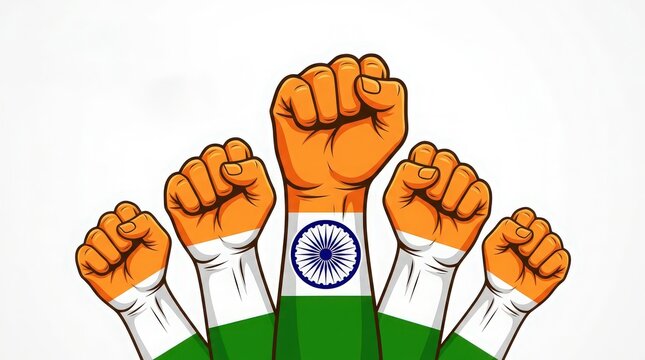 Raised fists with the indian flag colors symbolizing national pride unity and strength in a vector illustration