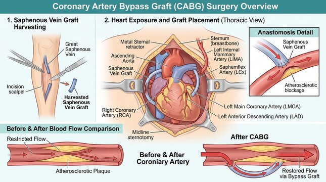 Medical illustration of Coronary Artery Bypass Graft (CABG) surgery overview including vein harvesting, heart exposure, graft placement, and blood flow comparison.