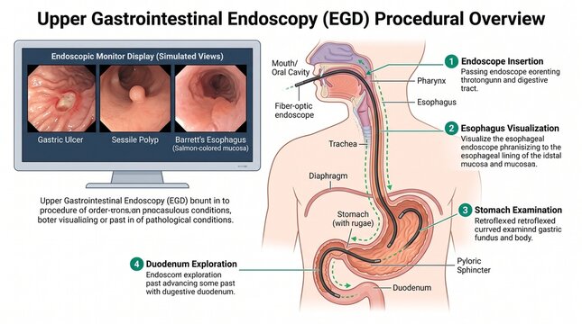 Medical illustration of Upper Gastrointestinal Endoscopy (EGD) procedural overview with stomach anatomy and monitor views of gastric ulcer, sessile polyp, and Barrett's esophagus