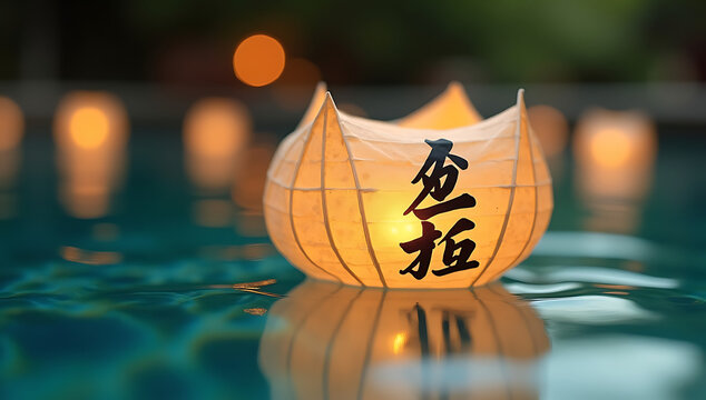 A glowing paper lantern with elegant calligraphy floating on calm dark water