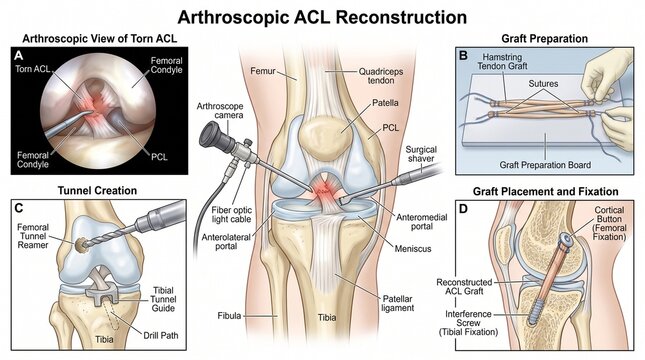 Medical illustration of arthroscopic ACL reconstruction surgery steps including graft preparation and fixation
