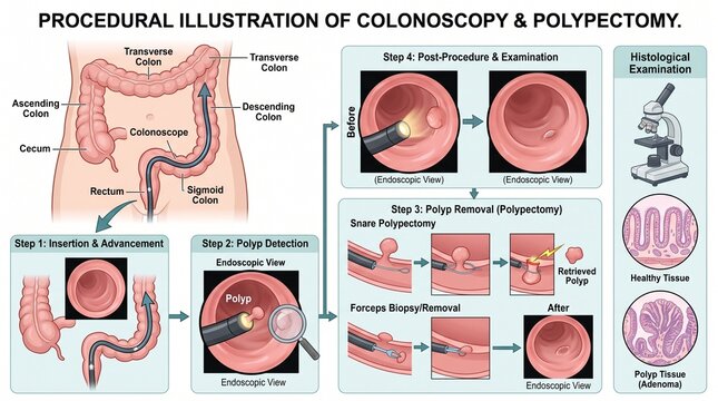 Procedural illustration of colonoscopy and polypectomy surgery showing steps of polyp detection, removal with snare and forceps, and histological examination of healthy versus adenoma tissue.