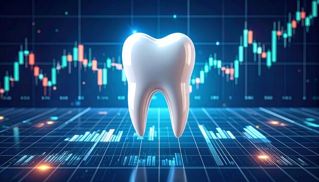 Digital Tooth Icon with Financial Graph Background