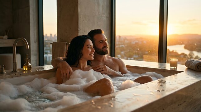 Couple in Luxury Bathtub Watching City Sunset Wellness Lifestyle
