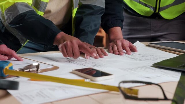 People, hands and meeting with blueprint for construction planning, building design or discussion. Group, contractor or architect team pointing with floor layout for architecture or development