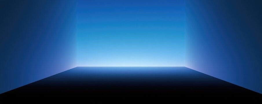 Abstract Blue Futuristic Corridor with Glowing Horizon and Dark Floor.