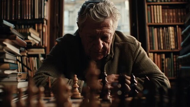 Elderly man playing chess in a cozy library setting
