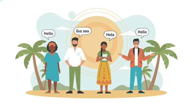 Diverse group of young friends saying hello in different languages on a sunny tropical beach with green palm trees.