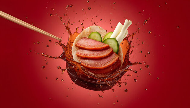 Sliced Meatball with Cucumber and Chopsticks on Red Background