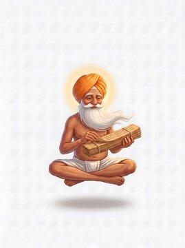Serene digital illustration of a levitating spiritual guru with a glowing halo reading ancient scriptures for Guru Purnima celebration and educational posters.