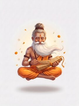 Divine illustration of a holy Hindu guru levitating in meditation while reading ancient scriptures, perfect for Guru Purnima greetings, spiritual posters, and educational materials.