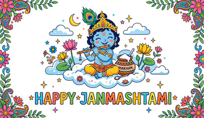 Fototapeta premium Colorful janmashtami celebration with baby krishna illustration
