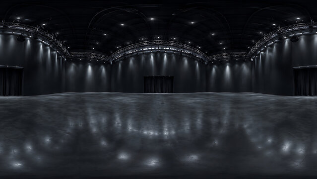 Empty Film Studio Soundstage Interior, 360 Equirectangular Panorama with Lighting Trusses and Black Cyclorama