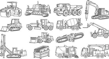 Set of professional vector line art sketches for heavy construction machinery and industrial site vehicles © Manik
