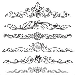 Vintage floral dividers set, baroque ornamental borders with fleur de lis and rose motifs, elegant hand drawn filigree vector elements for wedding stationery © InfinoArt
