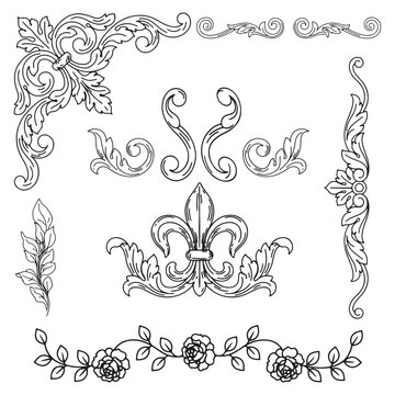 Vintage baroque scroll ornaments set, classical floral filigree vector elements, antique victorian frame borders and fleur de lis dividers for wedding invitations