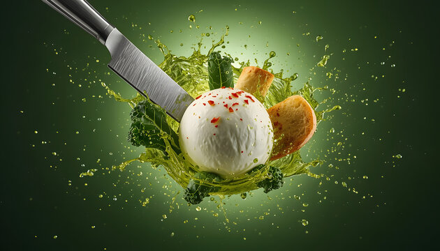 Mozzarella Cheese Being Cut with Knife on Dark Green Background
