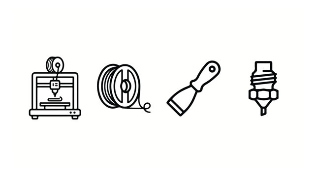 3D printing icon set, additive manufacturing equipment vector illustrations, filament spool and extruder nozzle outline symbols, industrial prototyping tools