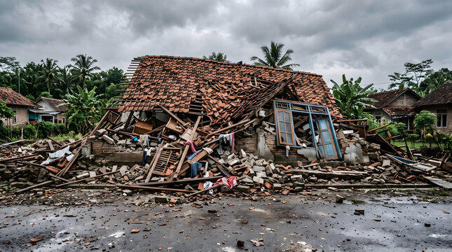 Collapsed house with rubble and debris after natural disaster