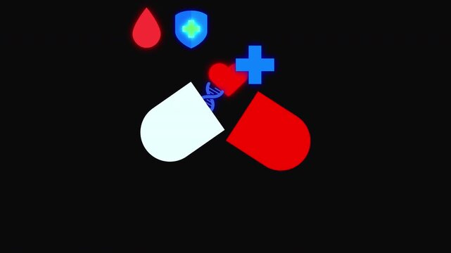 Medical icons flying into an opening medicine capsule animation