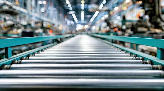 Endless metal rollers stretch down a vast, bright, and busy factory floor