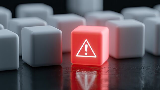 A lone red cube with a warning symbol stands out among blurred white cubes