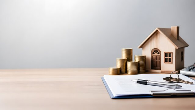 Real Estate Investment Concept with Wooden House Model, Stacks of Gold Coins, Mortgage Contract, Pen, and Keys on Desk; Financial Planning for Home Ownership and Property Savings with Copy Space.