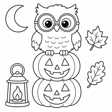 Wise owl wearing round glasses sitting on stack of two carved jack o lantern pumpkins next to antique lantern and autumn leaves under night crescent moon coloring page design.