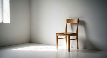 Fototapeta premium Simple wooden chair casting shadows in a sunlit, stark white room