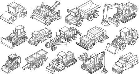 Comprehensive collection of heavy construction machinery and industrial equipment in isometric vector line art style © Manik