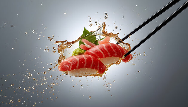 Salmon Sushi Piece Picked Up by Chopsticks with Soy Sauce Splash