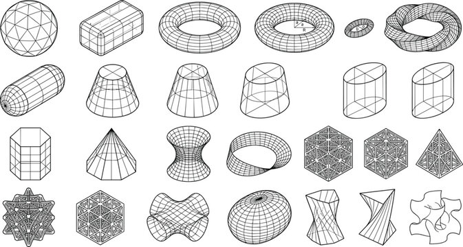 Large collection of 3D wireframe geometric shapes and mathematical models featuring spheres torus cubes and complex abstract structures