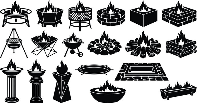 Set of vector fire pit icons including campfires, braziers, and outdoor fireplaces isolated on white background